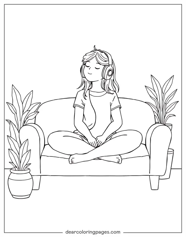 Coloriage de Cocooning – Fille détendue portant des écouteurs sur le canapé