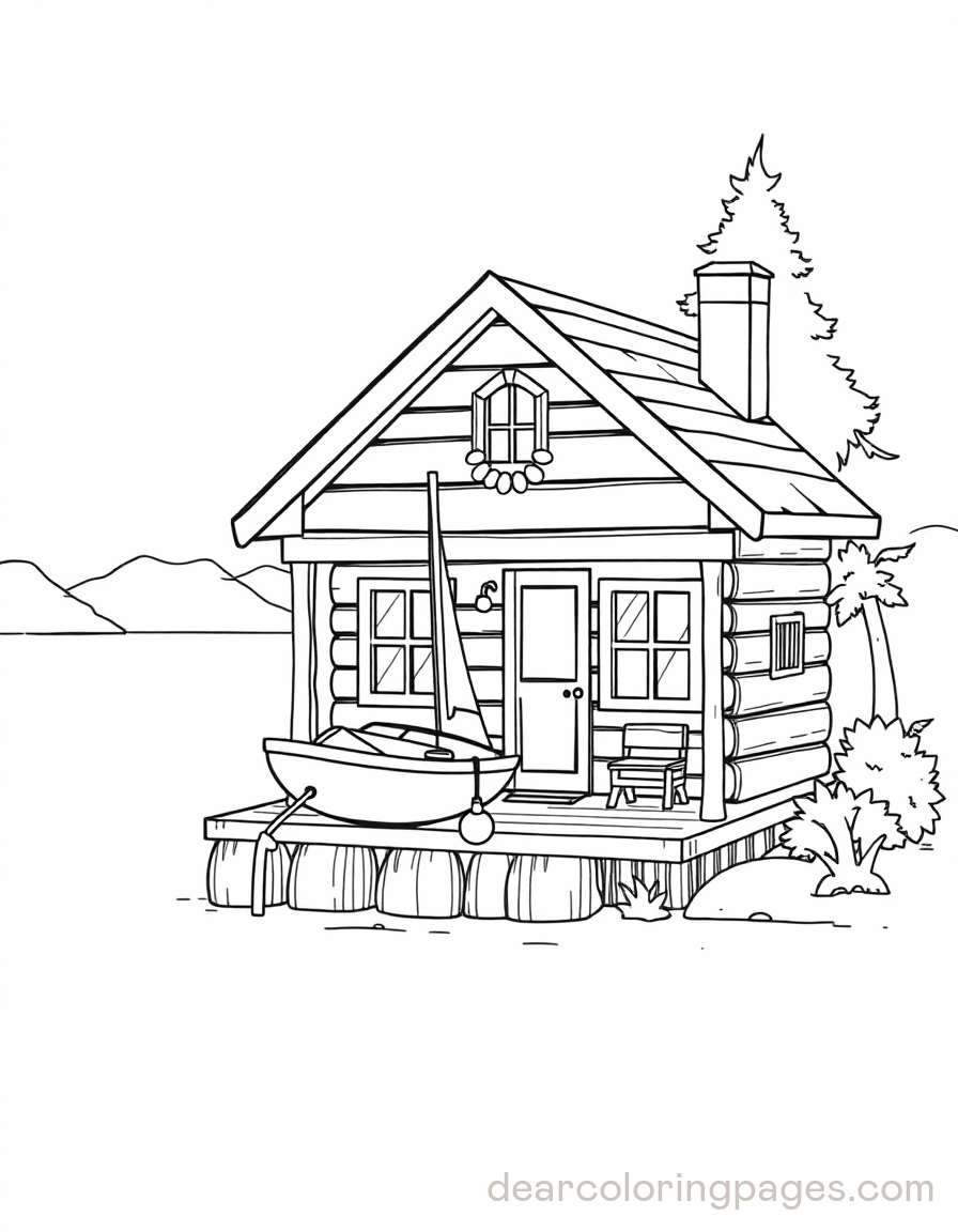 Cozy Coloring Page - Adorable Cabin by the Lake