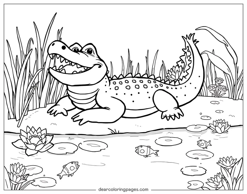Coloriage de Crocodile – Crocodile sur la rive du fleuve