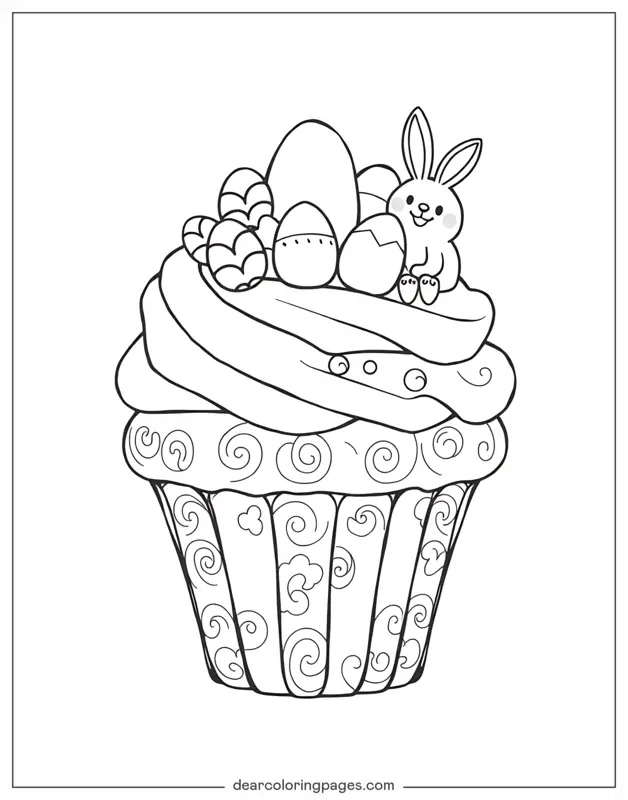 Coloriage de Cupcake – Gâteau de Pâques avec décorations de Pâques