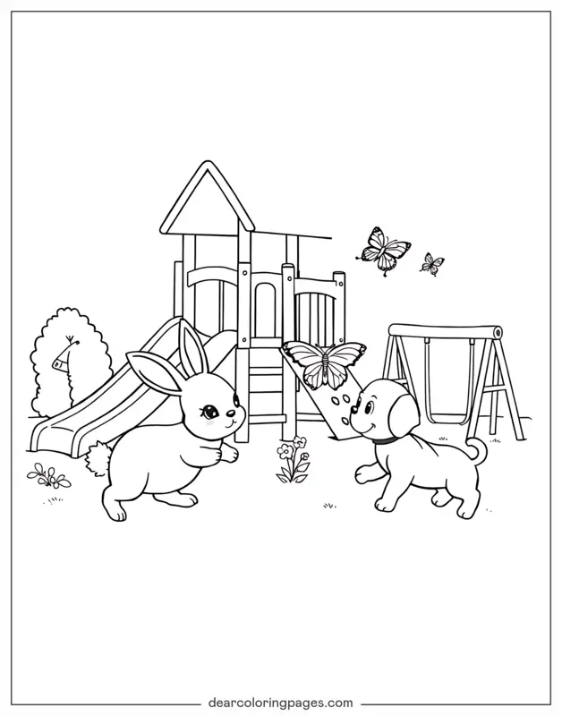 Animale carino Disegno da Colorare - Animali adorabili che si divertono in un parco giochi