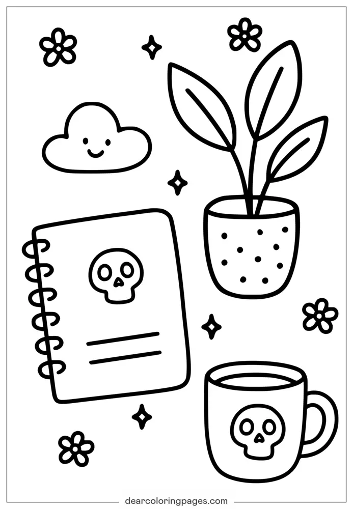 Cute Skull Notebook and Mug Halloween Printable Coloring Page