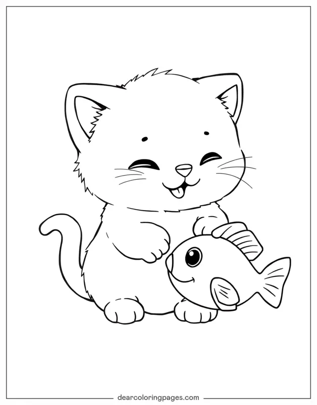 Carino Disegno da Colorare - Gattino carino con giocattolo pesce