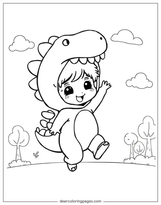 Carino Disegno da Colorare - Bambino carino in costume da dinosauro