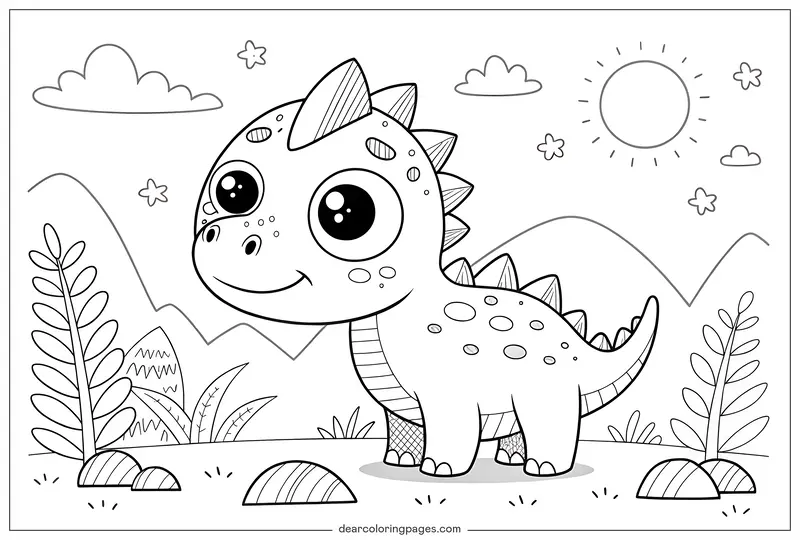 Dinosaur Coloring Page - Cute Cartoonish Dinosaur With Big Eyes Coloring Page