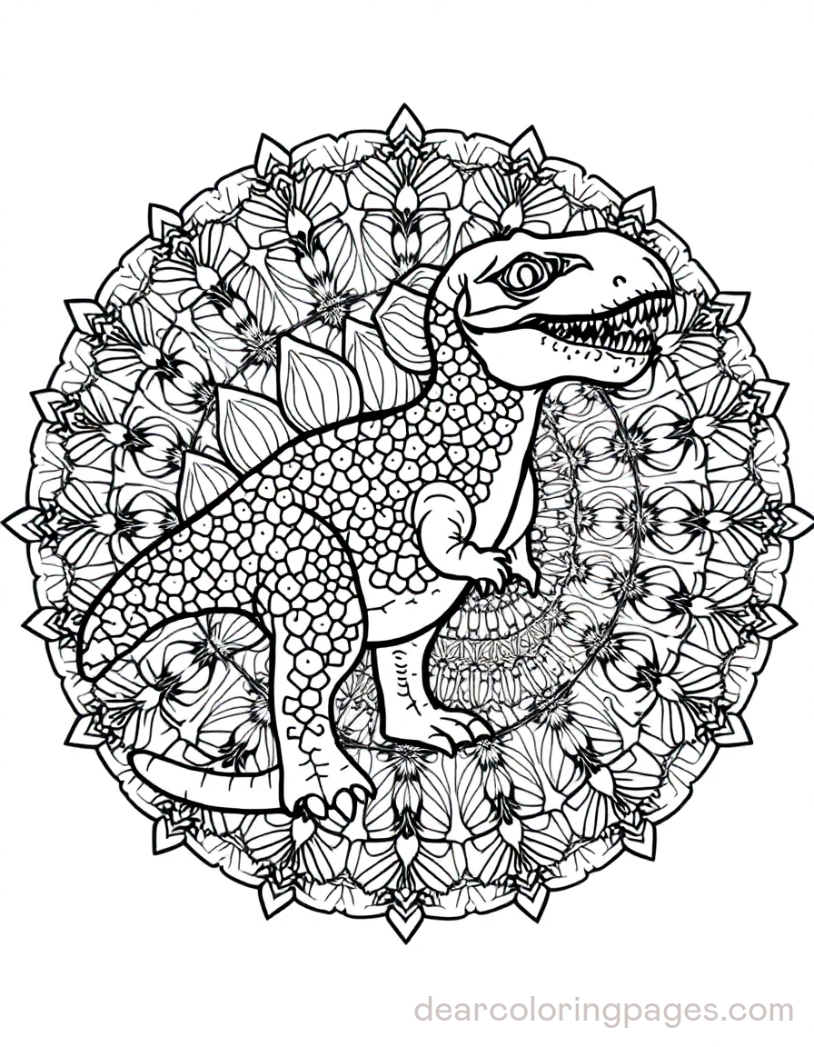 Dinosaur Surrounded by Mandala Patterns