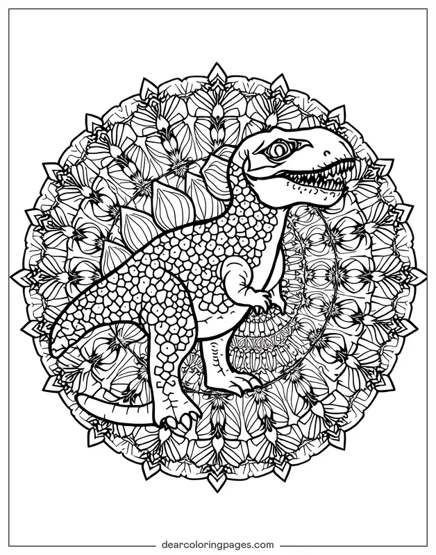 Dinosaur Coloring Page - Dinosaur Surrounded by Mandala Patterns