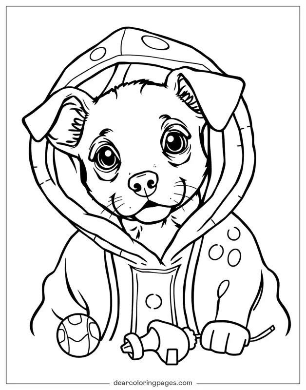 Hund Ausmalbild - Hund, der aus einem Hoodie hervorschaut.
