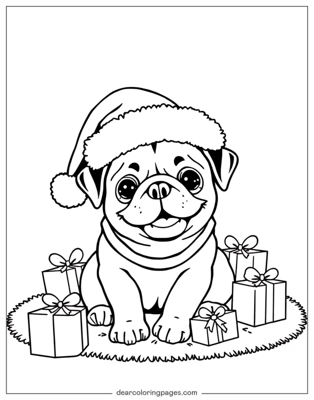 Navidad Dibujo para Colorear - Pug con gorro de Santa