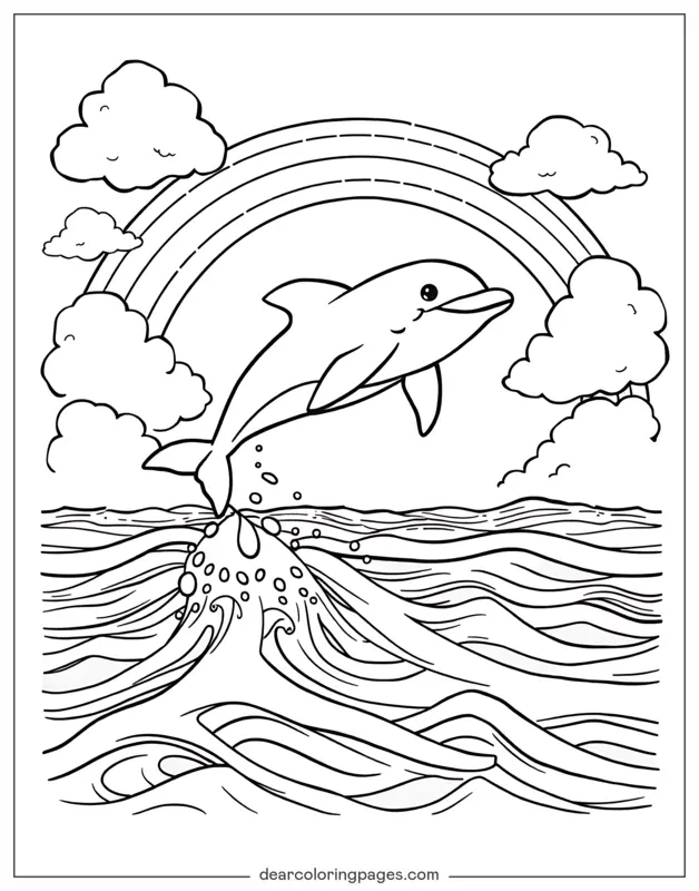 Coloriage de Dauphin – Dauphin avec arc-en-ciel