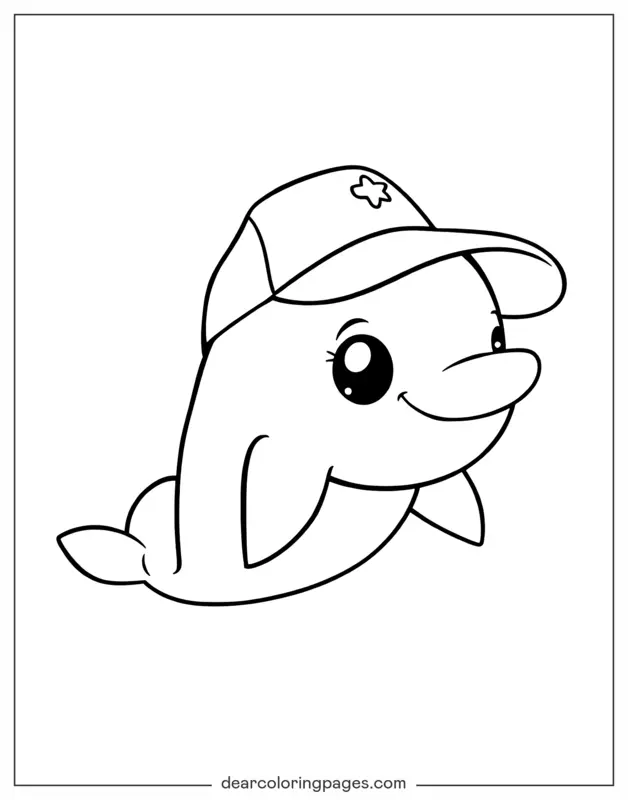Coloriage de Dauphin – Dauphin Chibi portant une casquette