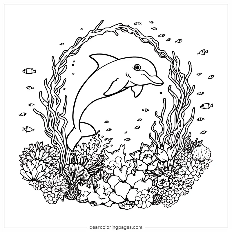 Coloriage de Dauphin – Dauphin dans le Jardin de Corail Coloriage