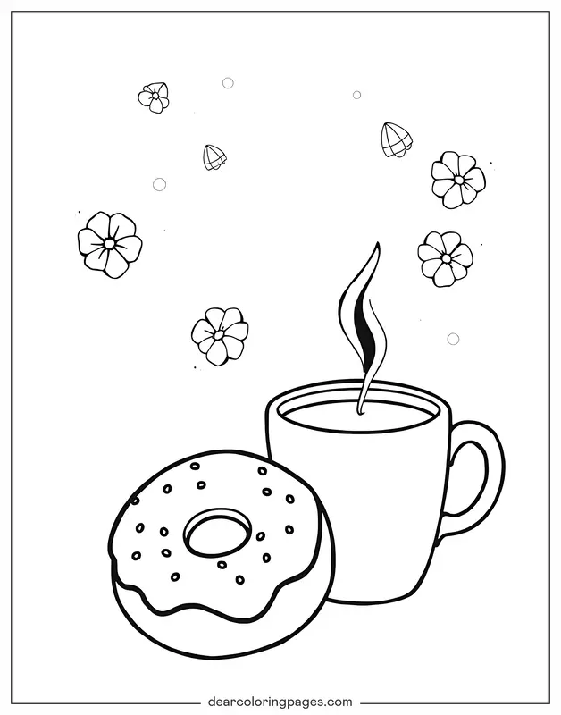 Dona Dibujo para Colorear - Donut y café