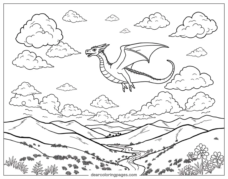 Dragão Desenho para Colorir - Dragão Voando Pelo Céu