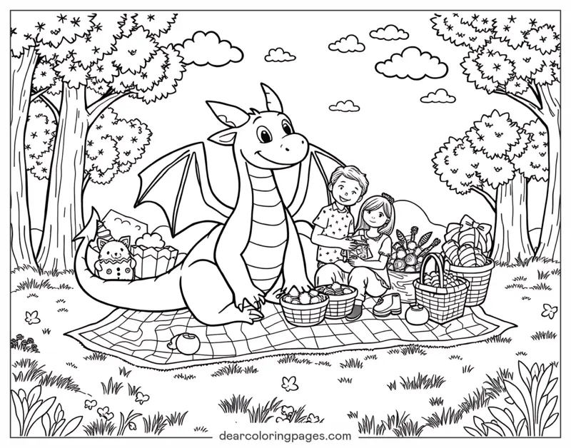 Dragão Desenho para Colorir - Dragão Aproveitando Piquenique com Crianças