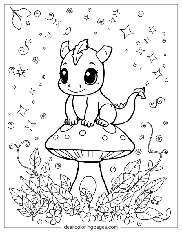 Dragão Desenho para Colorir - Dragãozinho em um Cogumelo