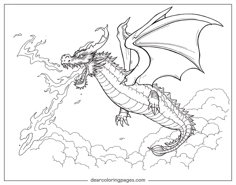 Dragão Desenho para Colorir - Dragão Feroz no Céu