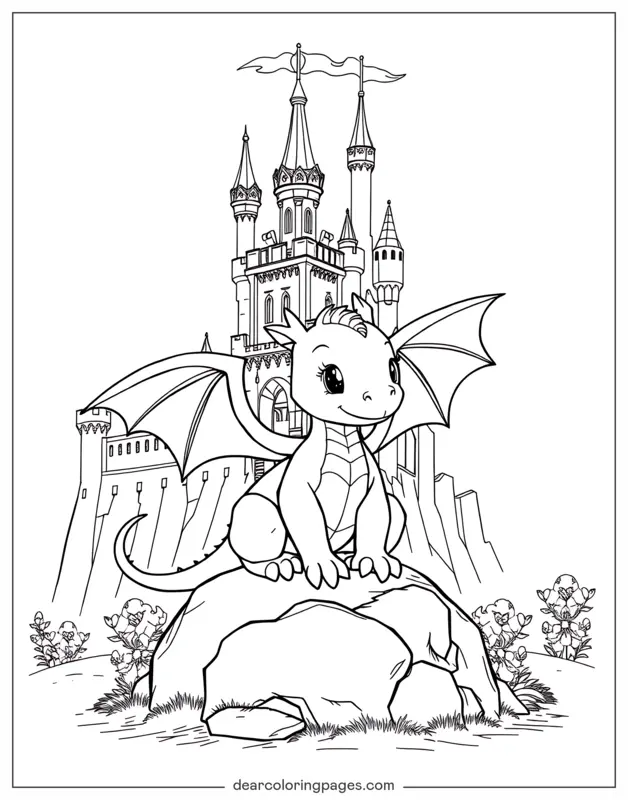 Dragão Desenho para Colorir - Dragão Bebê na Frente das Torres do Castelo
