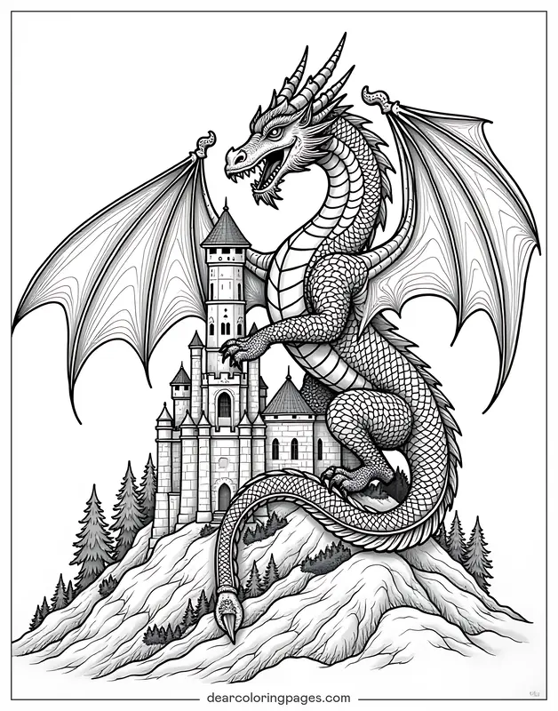 Dragão Desenho para Colorir - Dragão Guardião do Castelo Desenho para Colorir para Adultos