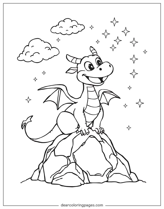Dragão Desenho para Colorir - Dragão Feliz Sob Estrelas