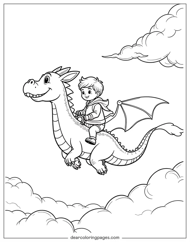 Dragão Desenho para Colorir - Menino Voando em Dragão Amigável Desenho para Colorir