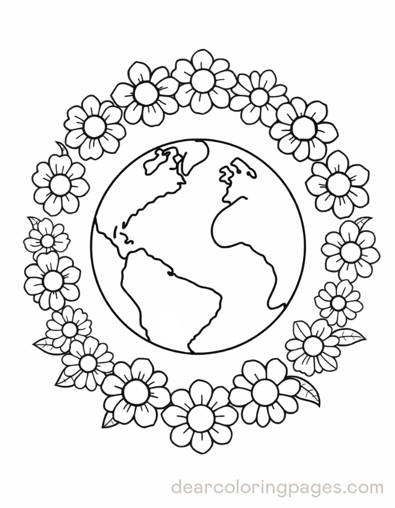 Earth Coloring Page - Earth Surrounded by Flowers