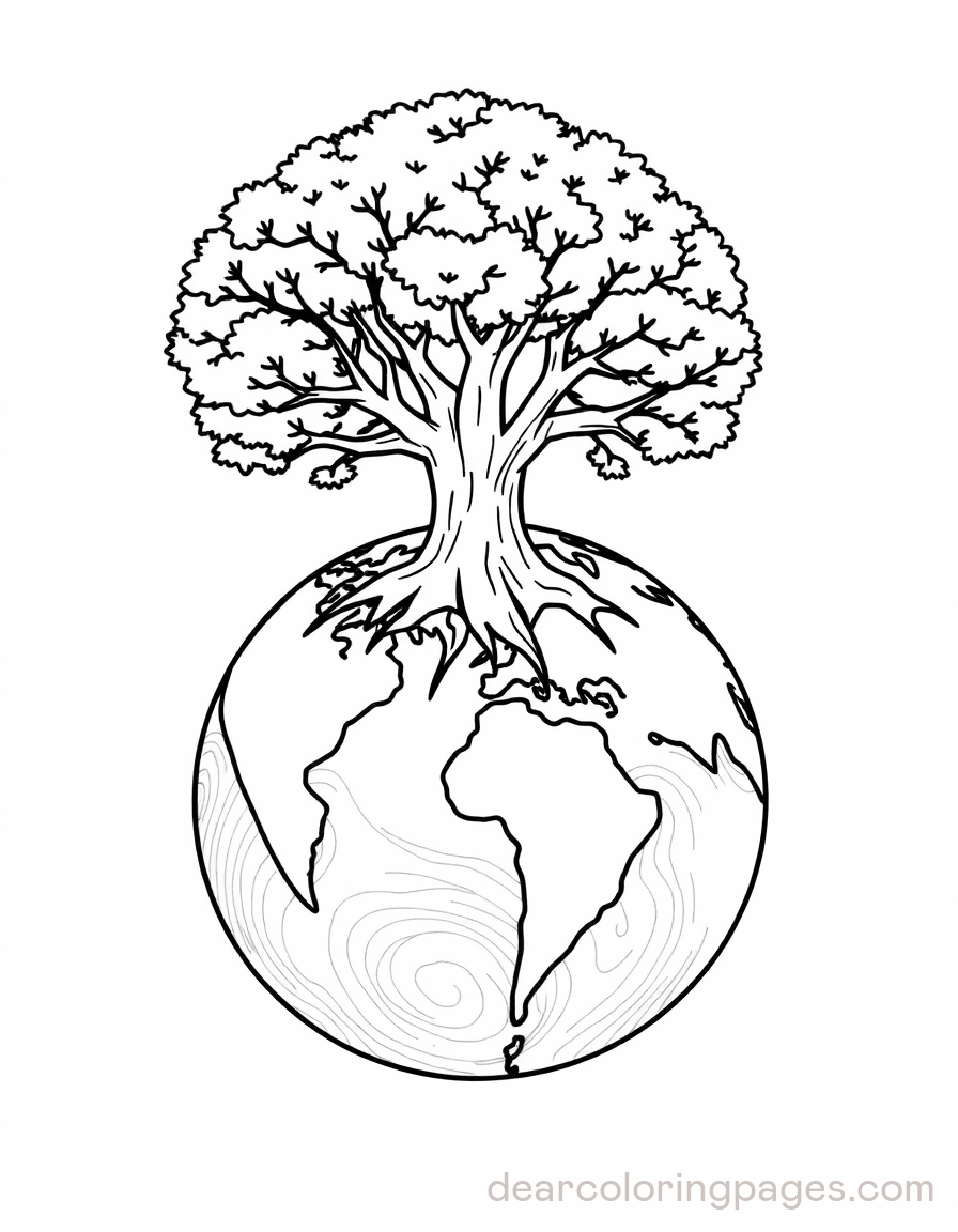 Earth Coloring Page - Earth with a Tree Emerging from Top