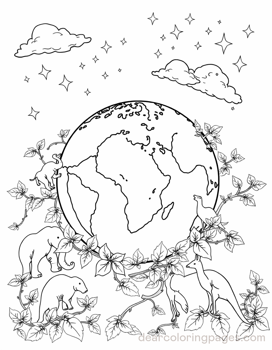 Earth Coloring Page - Globe Surrounded by Animals and Vines