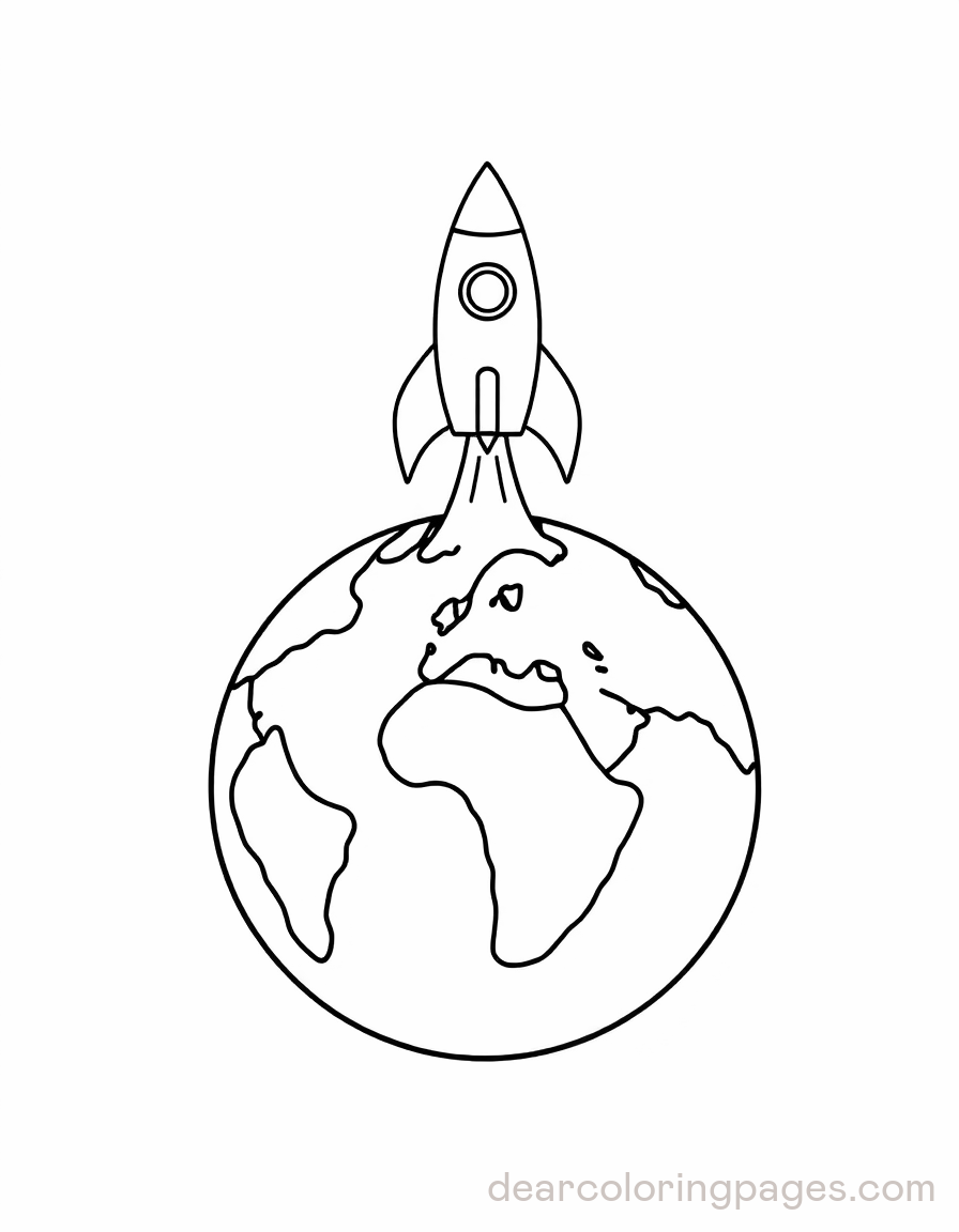 Earth Coloring Page - Earth with Rocket Launching