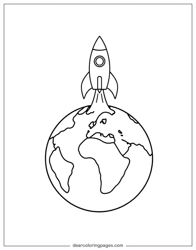Rocket Coloring Page - Earth With Rocket Launching