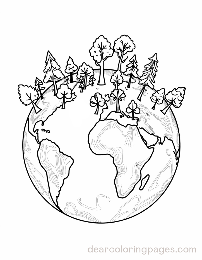 Earth Coloring Page - Earth with Trees Sprouting from Surface