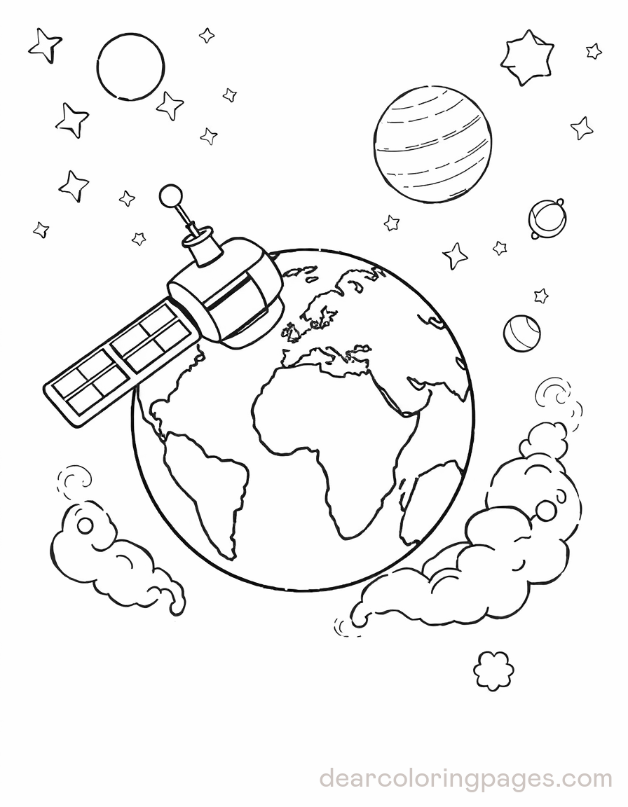 Earth Coloring Page - Satellite around Earth