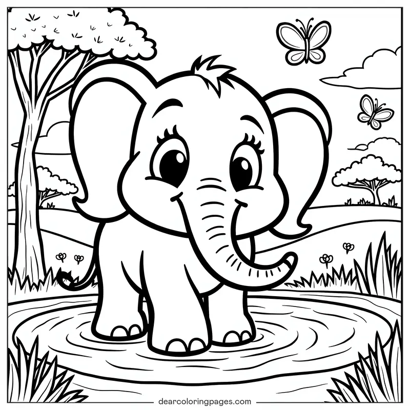 Elefante Disegno da Colorare - Elefantino che Gioca Disegno da Colorare
