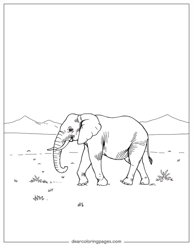 Elefante Disegno da Colorare - Elefante che passeggia attraverso la savana africana