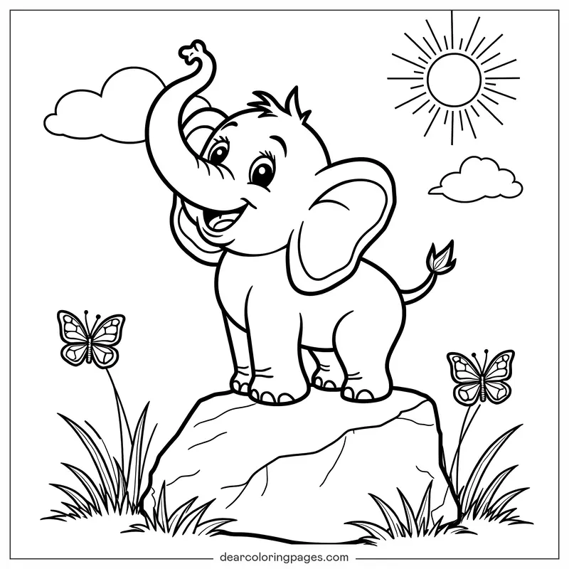 Elefante Disegno da Colorare - Disegno da Colorare di Elefante su una Roccia