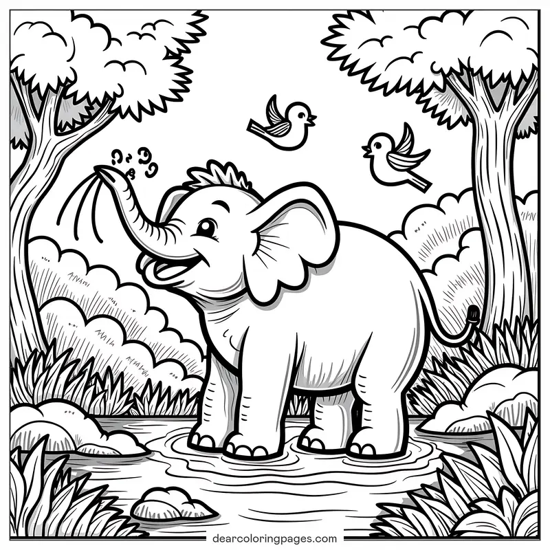 Elefante Disegno da Colorare - Elefante nella Giungla Disegno da Colorare