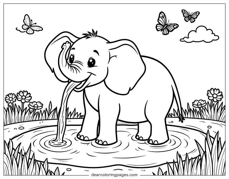 Elefante Disegno da Colorare - Disegno da Colorare di Elefante Che Schizza Acqua