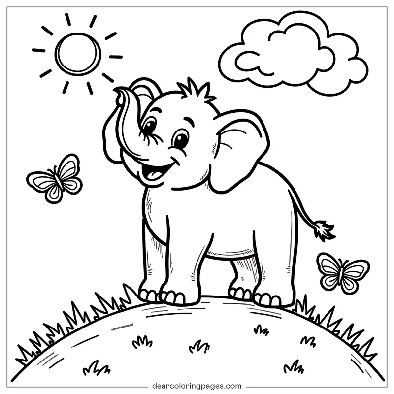 Elefante Disegno da Colorare - Elefante su una Collina Disegno da Colorare