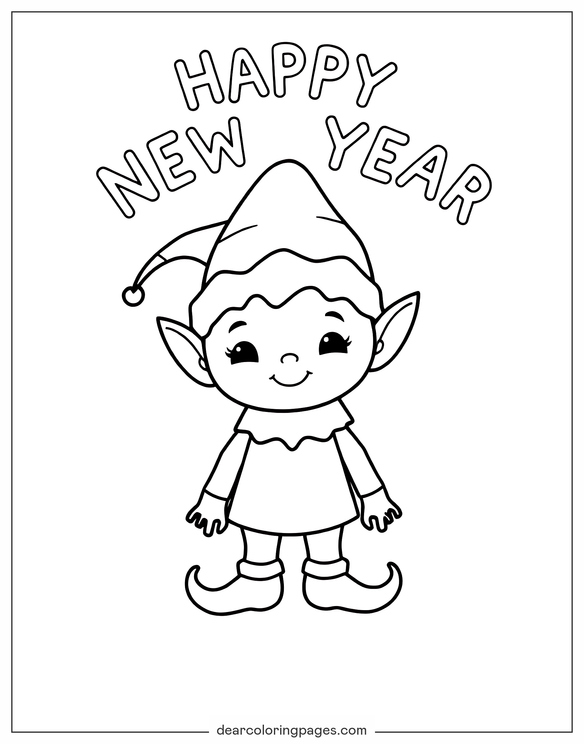 Elf Ausmalbild - Elf mit "FROHES NEUES JAHR"