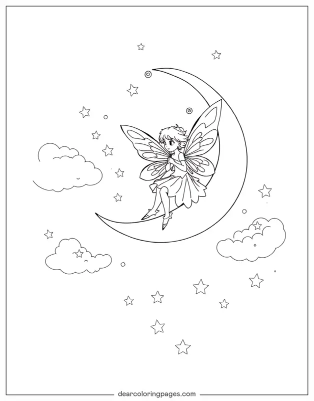 Hada Dibujo para Colorear - Hada en Luna Creciente