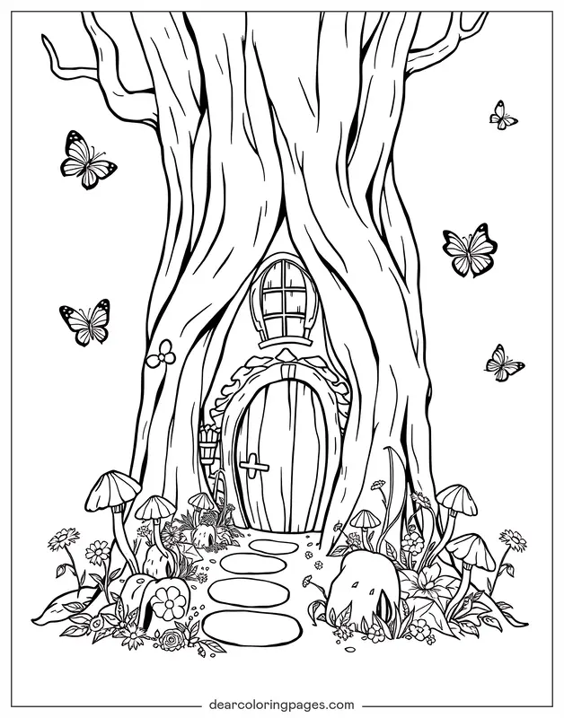 Hada Dibujo para Colorear - El hogar de la hada en las raíces de un árbol