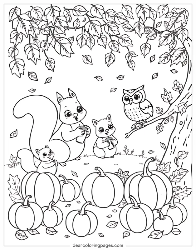 Autunno Disegno da Colorare - Scoiattoli giocherelloni in autunno