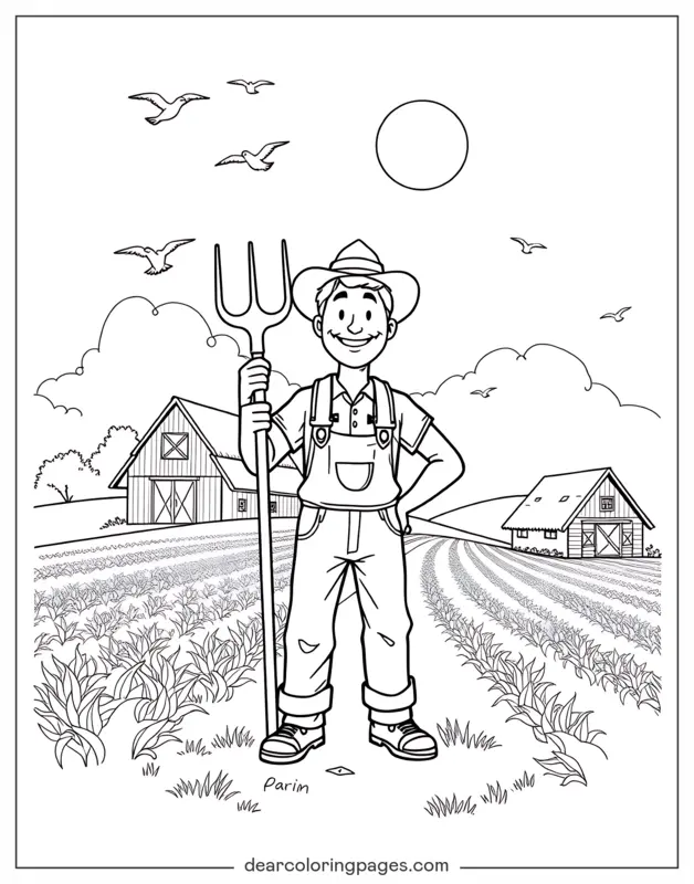 Fattoria Disegno da Colorare - Agricoltore in un campo lussureggiante