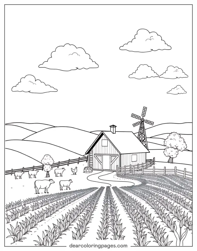 Fattoria Disegno da Colorare - Scenario rurale pittoresco