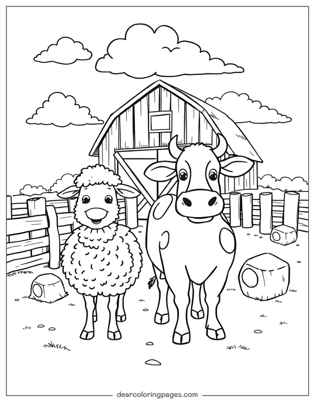 Coloriage de Vache – Moutons et vaches à la ferme