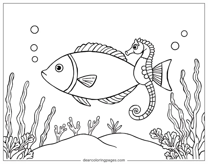Fish Coloring Page - Fish and Seahorse