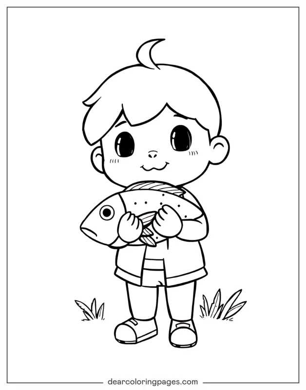 Fish Coloring Page - Kid Holding a Fish