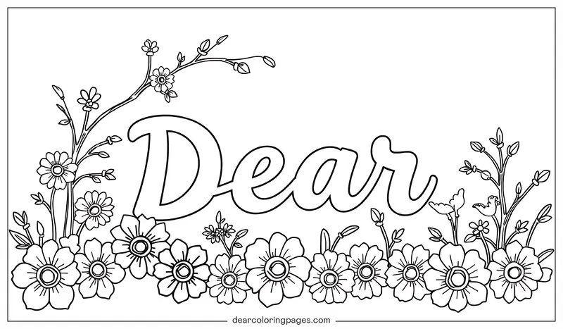 Blume Ausmalbild - Umrissener Text Liebe und Blumen