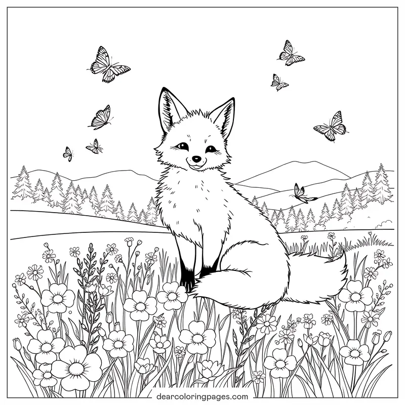 Fox and Butterflies Coloring Page