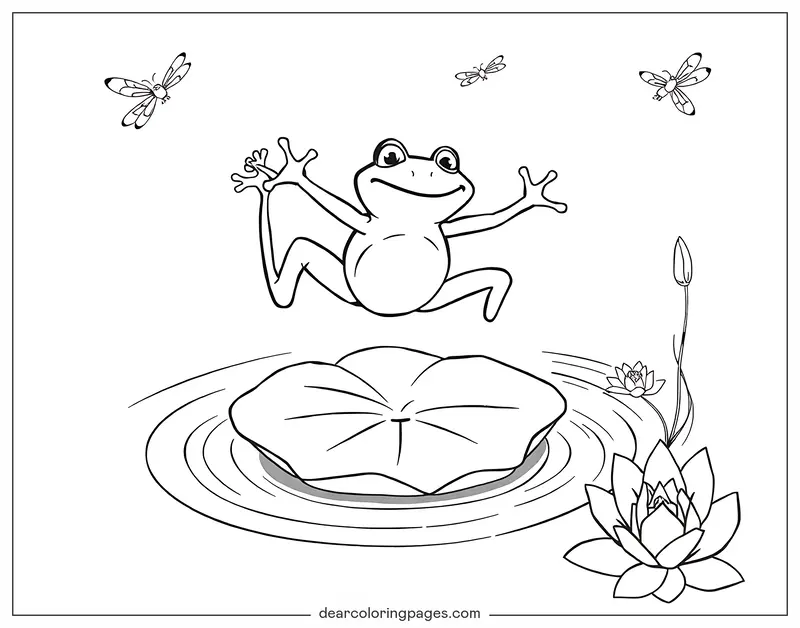 Coloriage de Grenouille – Une grenouille sautant d'un nénuphar